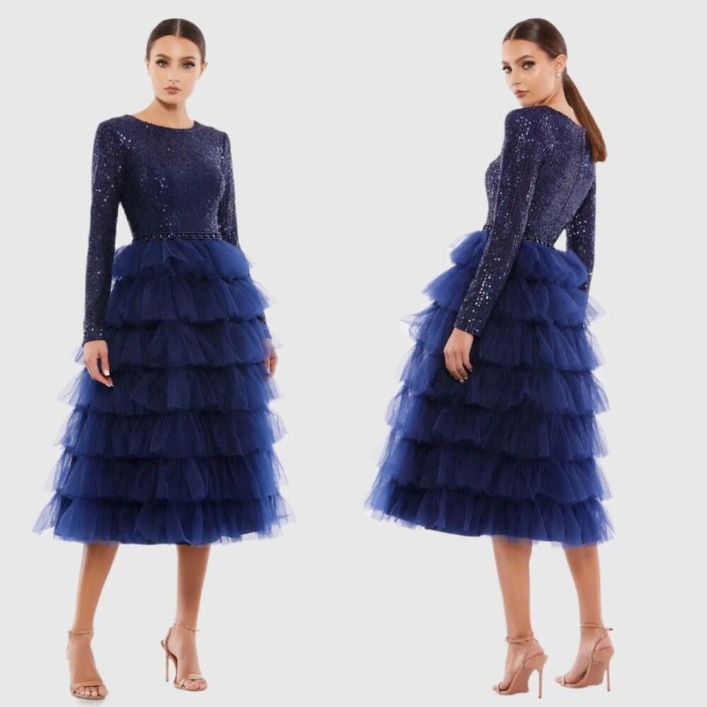 NWT IEENA FOR MAC DUGGAL Navy Long Sleeve Ruffle Tiered Midi Dress Size 14 $498